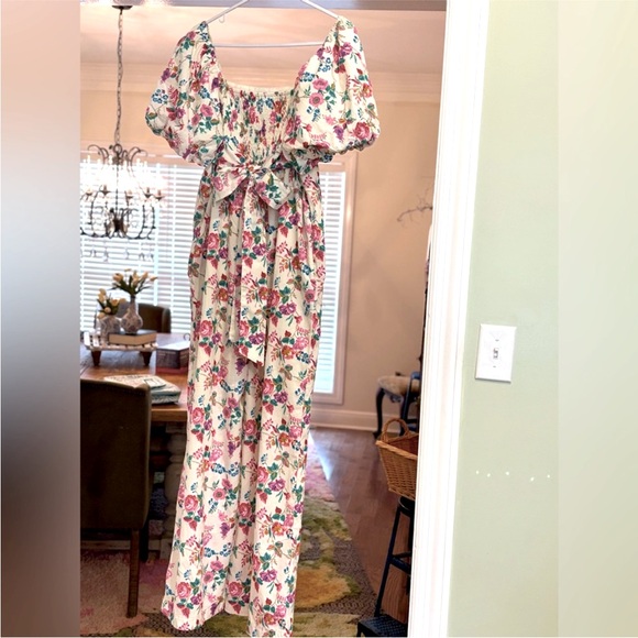 & merci Floral Jumpsuit. Floral | Puff Sleeve Smocked Tie Back. Women's Sz-L EUC - Picture 13 of 13